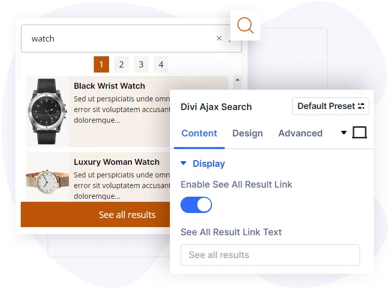 all-result-link Divi ajax search all result link